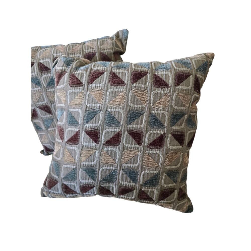 Set of 2 Geometric Pattern Reversible Green Seude Back Throw Pillows - Picture 2 of 6